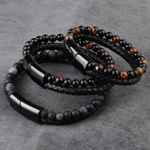 Bracelets porte-bonheur volcan pierre naturelle cuir véritable tressé noir acier inoxydable fermoir magnétique oeil de tigre perle bracelet hommes bijoux