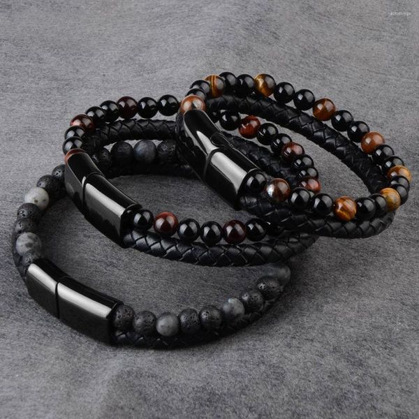 Pulseras con dijes Volcán Piedra natural Cuero genuino Trenzado Negro Acero inoxidable Cierre magnético Ojo de tigre Grano Brazalete Hombres Joyería