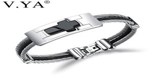 Bracelets de charme VYA 3 rangées de fil chaîne manchette croix en acier inoxydable hommes Punk bricolage personnalisé graver homme bijoux noir argent couleur Ban3898065