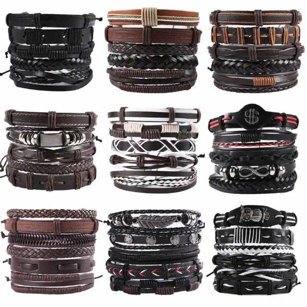 Bracelets de charme Wangaiyao Mode All-Match Rétro Ornements de main pour hommes 5 paquets Bracelet de costume réglable en cuir tissé croisé
