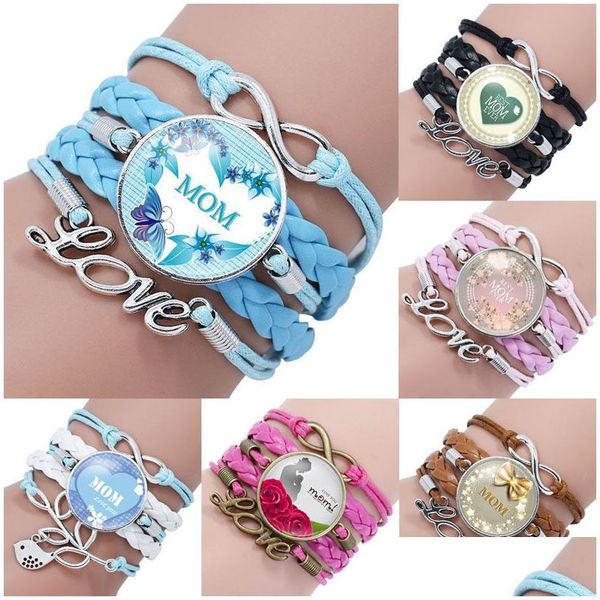 Charm Bracelets We Love You Mom Infinity Bracelet Best Ever Glass Cabochon Trenzado Cuerda de cuero Wrap Bangle para mujeres Mama Mothers D Dhdwq