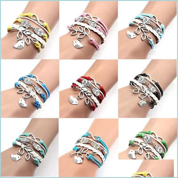 Pulseras con dijes Tejido Mti Capa Búho Infinito Pulseras con dijes Pulsera de cuerda blanca roja Brazalete Brazalete Joyería de moda para mujeres Niñas Dro Dhw38