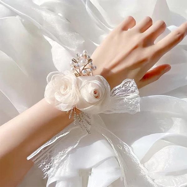 Bracelets de charme Mariage Prom Party Corsage Fleur Demoiselle D'honneur Poignet Fleurs Boutonnière Satin Rose Bracelet Pour Accessoires À La Main