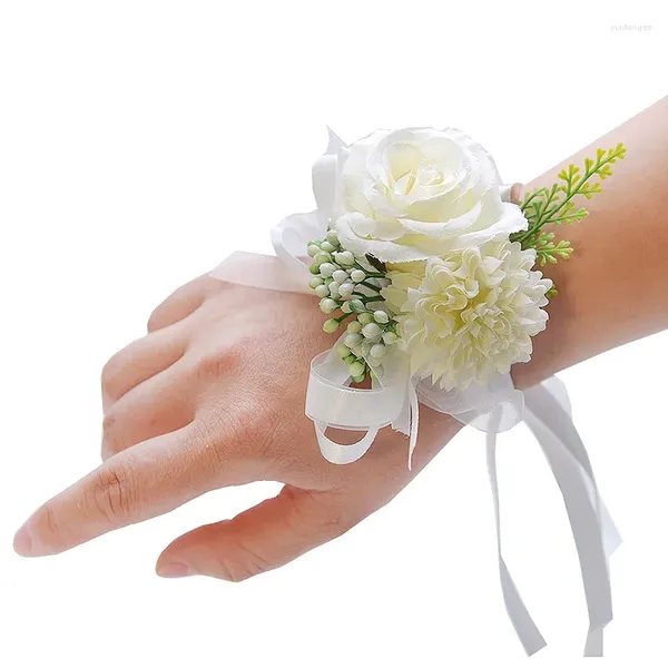 Pulseras de encanto Boda Muñeca Flor Rosa Cinta de seda Novia Ramillete Mano Flores Pulsera Pulsera Dama de honor Cortina decorativa Clip de banda