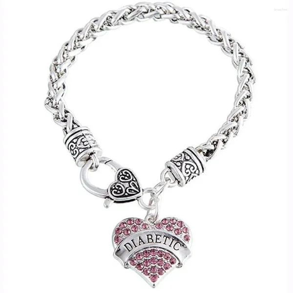 Bracelets de charme chaîne de blé cristal rose clair strass coeur diabétique pour les femmes cadeaux