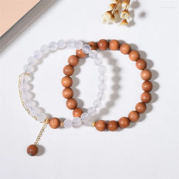 Pulseras de encanto Ágata blanca y pulsera de la suerte de sándalo para mujeres Cuentas de madera de doble capa Brazaletes Pulsera Joyería