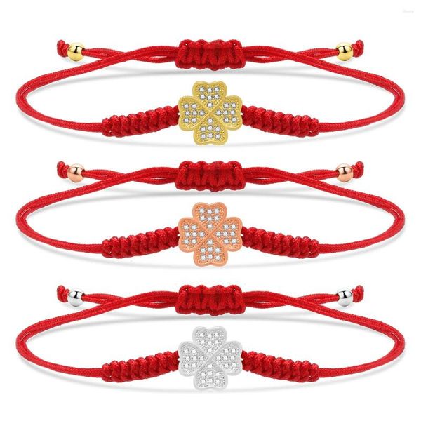 Pulseras con abalorios de cristal de Zirconia cúbica blanca, pulsera de trébol de cuatro corazones para mujer, nudo tibetano de la suerte, hilo rojo, regalo de joyería hecho a mano