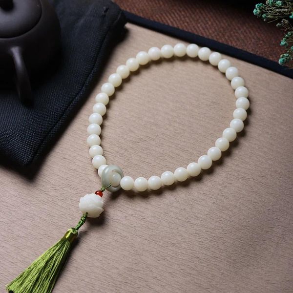 Bracelets de charme Blanc Jade Bodhi Racine Double Perles rondes Handstring sculpté Lotus Accessoires Bague de course Bouddha Cintre de voiture