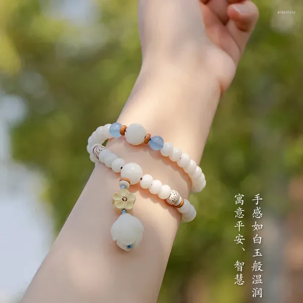 Pulseras con dijes Raíz de jade blanco Doble círculo Cuerda de mano Tallada Loto Oliva Espaciador Luna estrellada Huangyang Accesorios de madera Pulsera para mujer