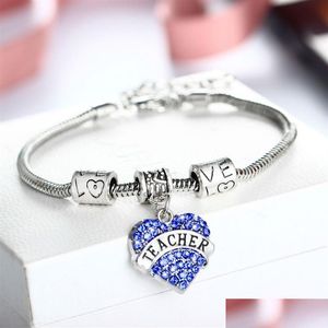 Pulseras con dijes Corazón entero Cristal azul Regalos para maestros Brazalete Pulsera Día del maestro Recuerdos309P Joyería de entrega de gota Dhwam