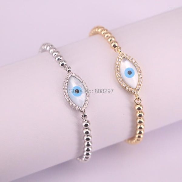 Bracelets porte-bonheur en gros 10 pièces mode Micro pavé CZ cristal ovale coquille oeil connecteur avec 4mm rond perles en vrac chaîne réglable