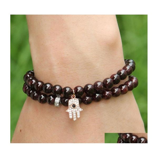 Pulseras con dijes Venta al por mayor 10 Unids / lote 6 Mm Cuentas de piedra granate natural con micro incrustaciones de circonitas Fátima Mano Hamsa Colgante Joyería para mujer Dhk2N