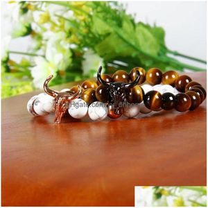 Charme Bracelets En Gros 10 Pcs / Lot 8 Mm Blanc Howlite Marbre Pierre Perles Avec Alliage Blfight Bracelet Hommes Femmes Animal Charme Bijoux Dhn4V