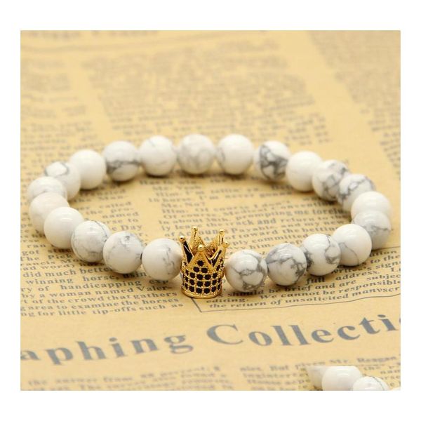 Bracelets porte-bonheur en gros 10pcs / lot perles de pierre de marbre blanc howlite micro incrustation couronne noire cz hommes livraison directe bijoux dh2lp