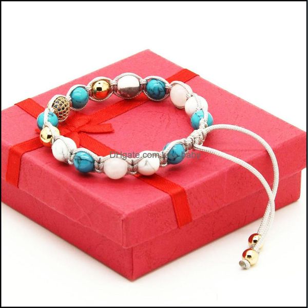 Bracelets porte-bonheur en gros 10pcs / lot perles de pierre turquoise en marbre blanc howlite avec 9mm bleu micro pavé cz rame bracelet drop deliv dhr0r