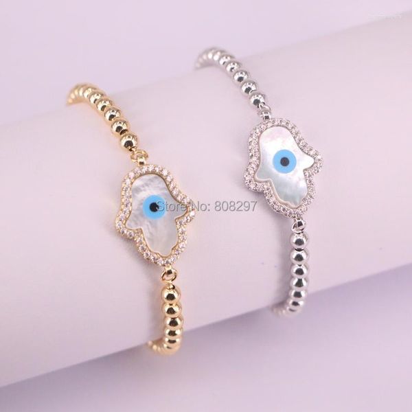 Bracelets de charme en gros 10pcs Micro Pave Clear CZ Eye Shell Hamsa Connecteur à main avec chaîne de perles rondes de 4 mm réglable