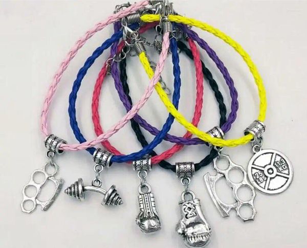 Pulseras de encanto al por mayor 12 unids placa de peso mezclado guantes de boxeo pesas latón nudillo plumeros brazaletes para mujeres joyería DIY