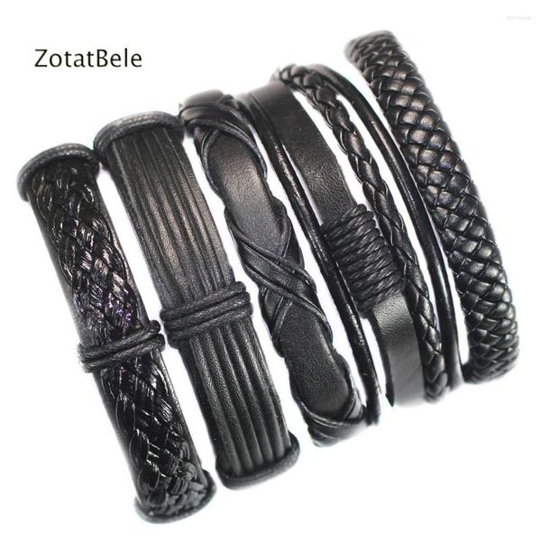 Bracelets de charme bracele en gros 5pcs / lot tressé de bracelet en cuir noir authentique hommes multicouches corde pulseira masculina f46