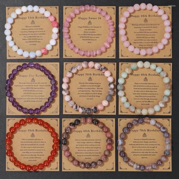 Pulseras con dijes Tarjetas de cumpleaños al por mayor Pulsera Piedra natural Cuarzo rosa Amatistas Amazonita Cuentas Mujeres Hombres Joyería de la suerte Regalo