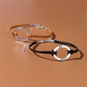 Bracelets porte-bonheur en gros cuir corde Bracelet réglable argent ovale alliage pour femmes hommes Couple Souvenirs cadeaux charme