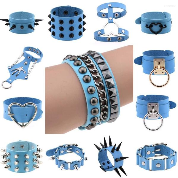 Bracelets porte-bonheur en gros bleu clair en cuir clouté Punk étudiants Bracelet Goth gothique Rivet Bracelet pour femmes bijoux