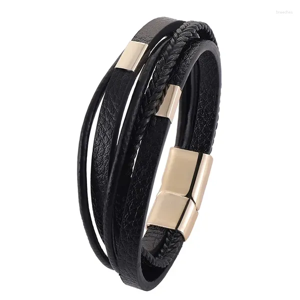 Bracelets de charme en gros brassard en cuir tressé multicouche pour hommes Heren en couleur noire avec bracelet élégant magnétique pour homme