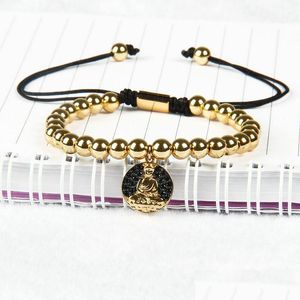 Bracelets de charme Mélange de couleurs en gros Meilleure qualité 6 mm Perles en laiton Micro Inlay Noir CZ Bouddha Charms Pendentifs Rame Bracelet Drop Del Dhi5U