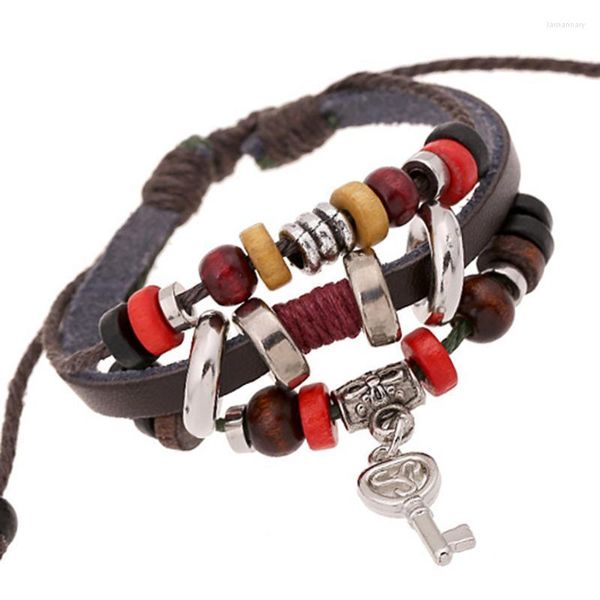 Pulseras con dijes Personalidad al por mayor con cuentas Señoras Cuero Hombres Pulsera Pequeña llave Colgante Tejido Acero inoxidable Accesorios JewelryCharm La