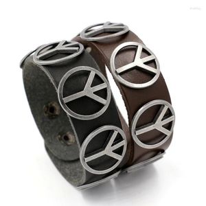 Bedelarmbanden brede lederen armband voor mannen retro mode sieraden anti -oorlog vredeslogo roestvrijstalen metalen metalen snaps