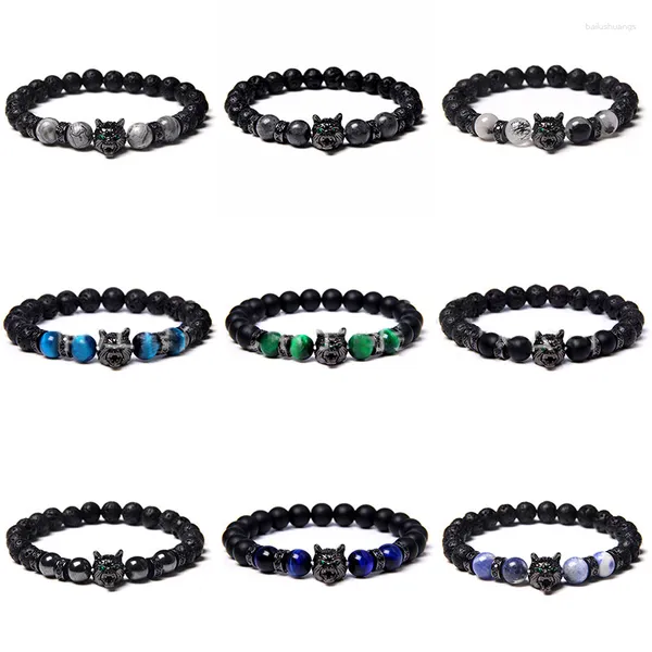 Bracelets porte-bonheur loup mâle 8 MM perle naturelle noir pierre de lave bleu oeil de tigre pour hommes Yoga bijoux Pulsera