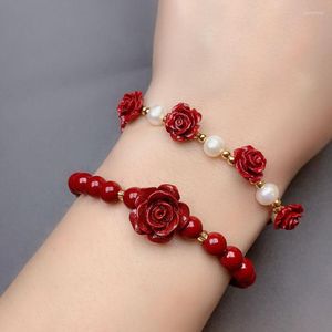 Bedelarmbanden dames elegante cinnabar kralen armband vintage sierlijke roos bloembunge dame high-end hand accessoires rode sieraden