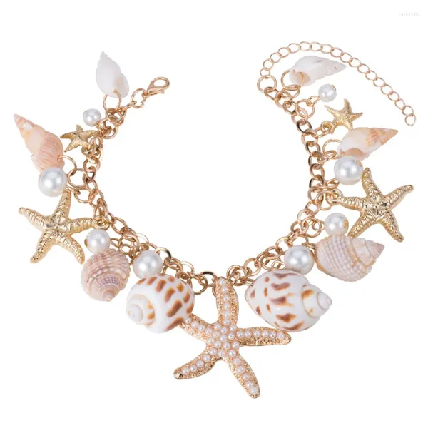 Bracelets de charme Bracelet de plage Femme mignon A réglable Gold plaqué océan faux perle coquille étoile de mer chaîne de liaison