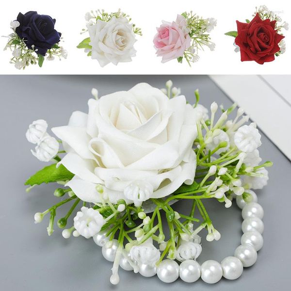 Pulseras con dijes para mujer, ramillete de flores para la muñeca para dama de honor nupcial, pulsera con cuentas, muñequera Artificial, accesorio de boda en el ojal