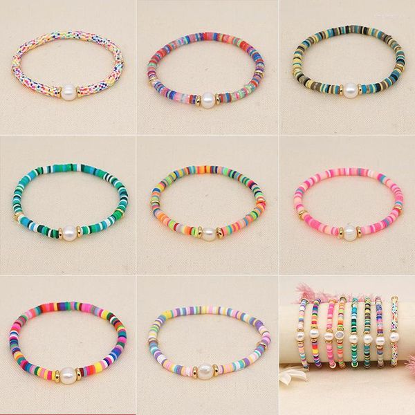 Bracelets porte-bonheur femmes plat rond perle Bracelet Boho coloré polymère argile perles pour ami plage bijoux accessoires