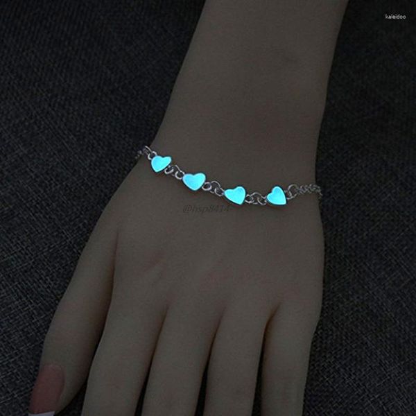 Pulseras con dijes Mujeres Niñas Corazón luminoso Tobilleras iluminadas Joyas fluorescentes azules Resplandor en la oscuridad