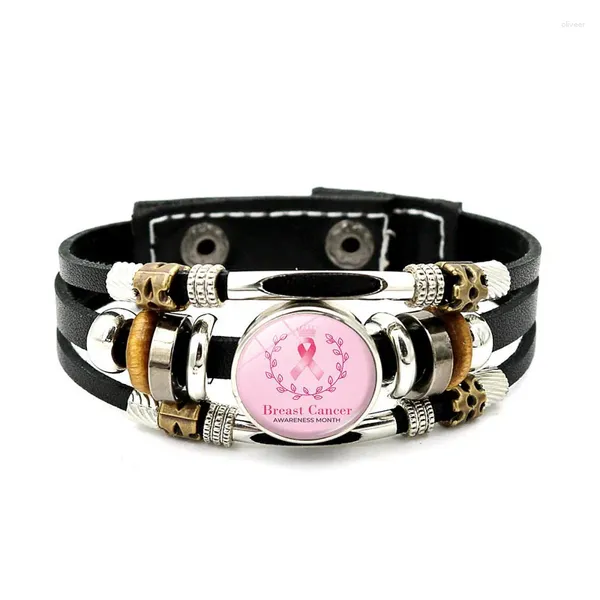 Pulseras con dijes para mujer, pulsera de cuero para el cuidado de la salud, concientización sobre el cáncer de mama, cinta rosa, estilo punk, cabujón de cristal, regalos