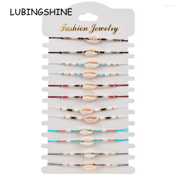 Pulseras con dijes para hombres y mujeres, 12 unids/set, pulsera con dijes de concha de semillas, pulsera ajustable con cadena de cuerda negra, tobilleras para niñas y niños, regalo de joyería para parejas en la playa