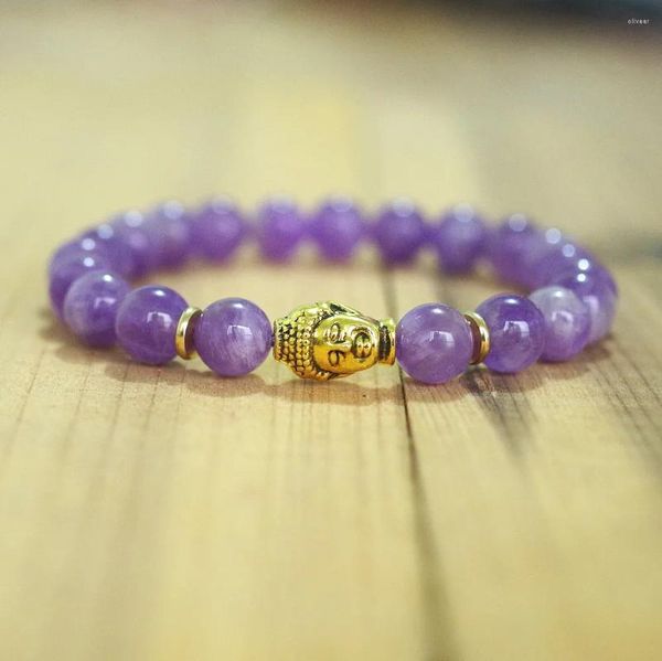 Pulseras de encanto Mujeres Hombres Pulsera de hilo con cuentas Piedra natural Joyería hecha a mano Buda Cabeza Chakra Mala Púrpura