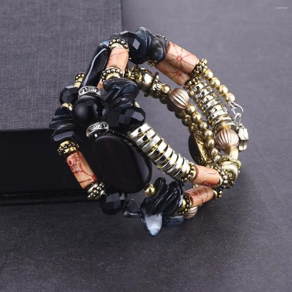 Pulseras de encanto Mujeres Multicapa con cuentas Mujer Piedra Natural Cuentas de madera Pulsera Ajustable Metal Color Oro Pulsera Joyería