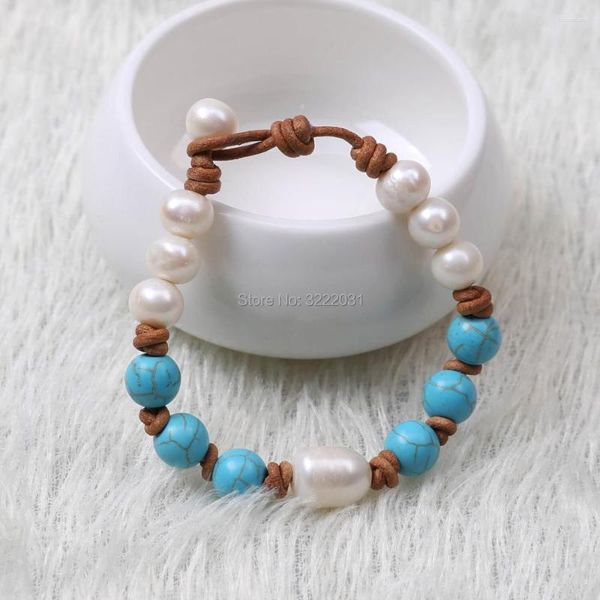 Pulseras con abalorios, perlas para mujer, brazalete de cuero con perlas anudadas hechas a mano, joyería con cuentas genuinas para niñas, piedras blancas grandes