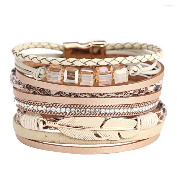 Pulseras de encanto Pulsera de envoltura de plumas de mujer Joyería hecha a mano de cristal Regalo bohemio Hombres Vintage Trenza de cuero multicapa