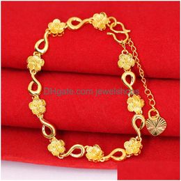Bracelets de charme Femmes Bracelets en or jaune pour filles Real 24K Plaqué Fleur Bijoux Mode Trendy Design Coeur Charms Chaîne Bracelet Dhggm