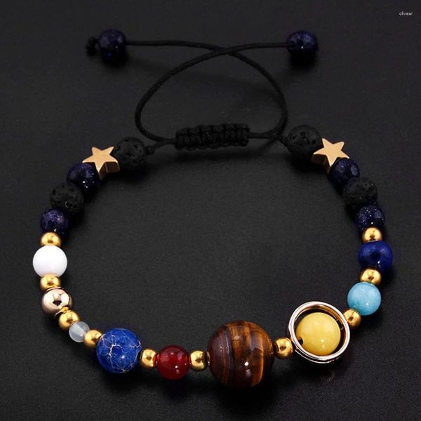 Pulseras con dijes para mujer Cuentas de piedra natural Brazalete ajustable Sistema solar Ocho planetas Mujer