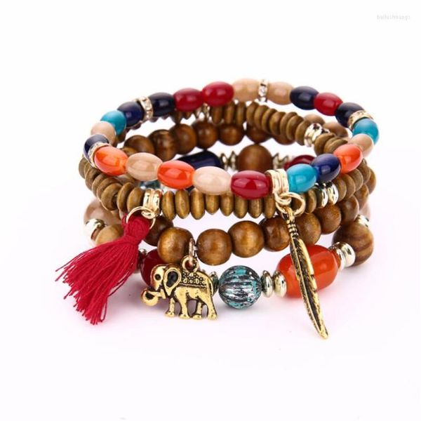 Bracelets porte-bonheur Bracelet en bois pour femme ensemble 4 Pcs/Lot gland éléphant plume forme bohême perles naturelles bijoux