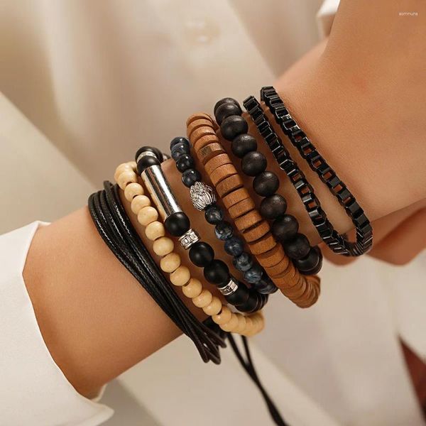 Pulseras de encanto Pulsera de cuentas de madera Conjunto para hombres Multicapa Trenzado Cuero con cuentas Bohemio Buda Cabeza al por mayor