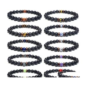 Bracelets de charme Bois Bois Spacer 8mm Noir Lave Pierre Perles Bracelet Volcanique Huile Essentielle Diffuseur Chakras Amitiés Bijoux D Dh6Zl