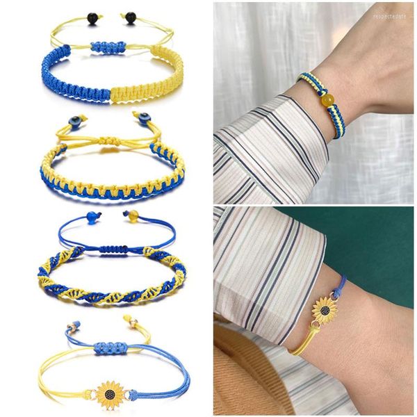 Pulseras con dijes Paz mundial Bandera ucraniana Colores Tejidos para mujeres Hombres Moda Pulsera de girasol trenzada Cuerda tejida a mano Regalos de joyería