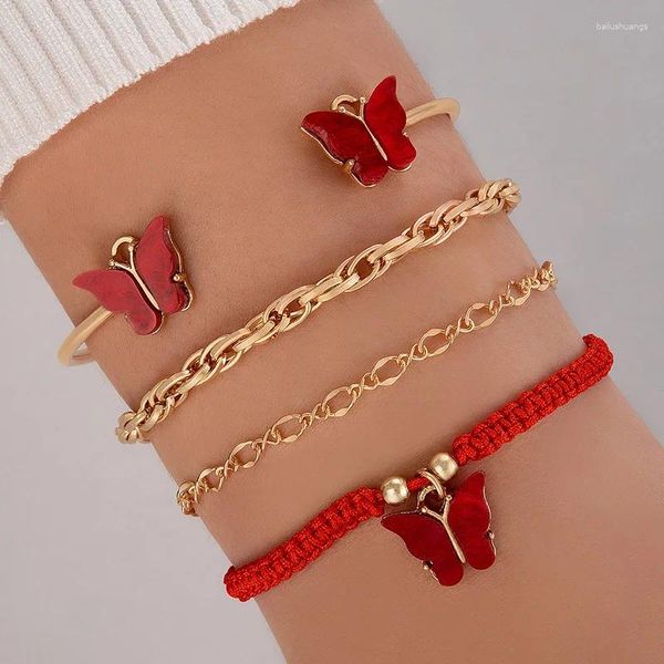 Pulseras de encanto Cord tejido mariposa con incrustaciones de pulsera de brazalete de cuatro aleaciones combinadas para mujeres set23349