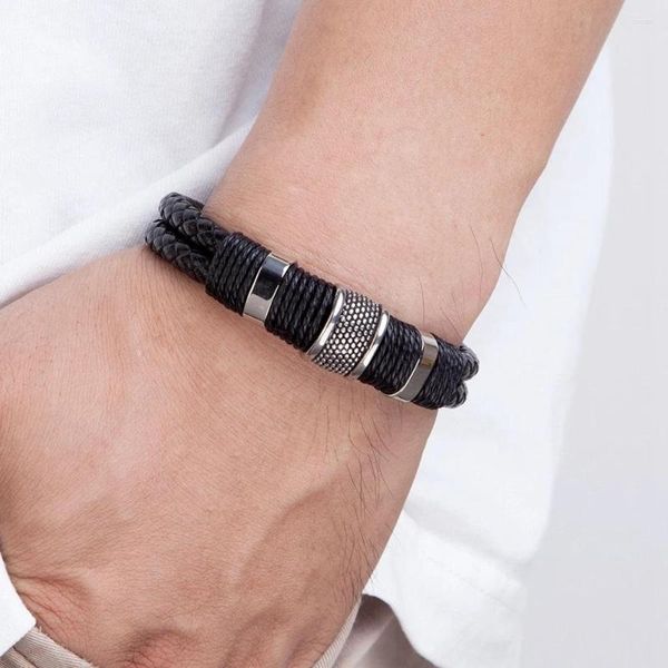 Pulseras con dijes Cuerda de cuero tejida Envoltura Estilo especial Pulsera clásica de acero inoxidable para hombre Brazalete de doble capa Regalo de joyería para hombre