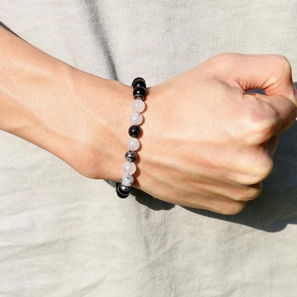 Bracelets porte-bonheur poignet Mala perles Bracelet d'équilibre pour homme noir Onyx rutilé Quartz guérison hommes bijoux cadeau de noël